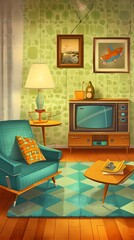 Retro living room with armchair, TV, lamp, and coffee table.
