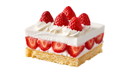 Close-up of a strawberry shortcake with fresh cream and sliced strawberries on a transparent background