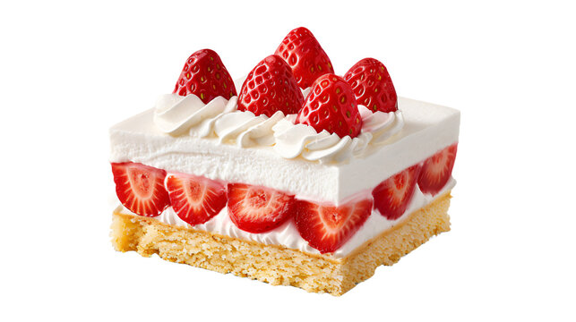 Close-up of a strawberry shortcake with fresh cream and sliced strawberries on a transparent background