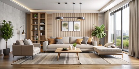 Modern Living Room Interior Design with Grey Sofa, Wooden Floor and Plants, 3D Rendering, Living Room, Interior Design, Home Decor