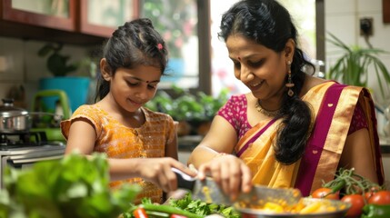 Indian daughter chopping vegetables as her mother seasons a dish, teamwork in the kitchen
