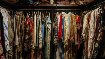 A closet full of clothes with a red dress hanging out of the closet