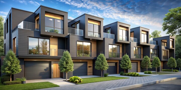 Modern Townhomes with Black Siding and Balconies, 3D Rendering, Contemporary Architecture, Exterior Design, Home Design, townhome, modern