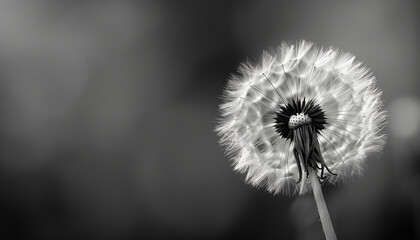 Close-up black and white photograph of a dandelion seed head showcasing intricate details and delicate textures against a soft blurred background.