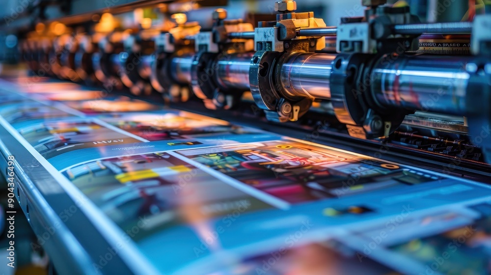 Poster a factory with a conveyor belt of paper rolls. the rolls are being made and are in various stages of