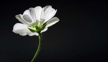 Obraz premium A single white flower stands tall with its delicate petals lit against a dark background, creating a striking contrast.