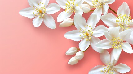 Template white flowers with yellow stamens placed on a pink background.