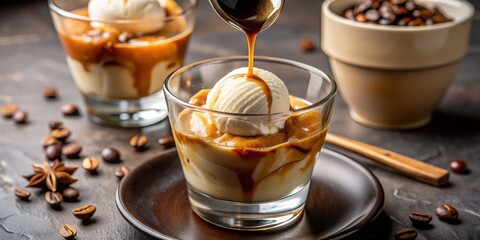 Pouring Espresso Over Vanilla Ice Cream, close up , coffee beans , iced coffee , affogato , dessert