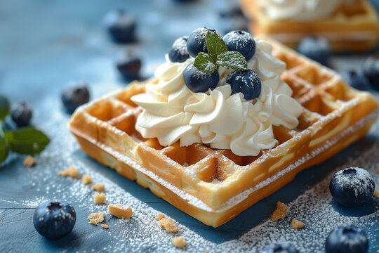 Waffles with cream and blueberries with shugar powder.