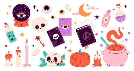 Dark magic set of  Halloween stickers. Cute set of pumpkin head, cards, poison, candles, spell book, stars, skeleton. Happy Halloween, trick or treat. Vector illustration in flat style