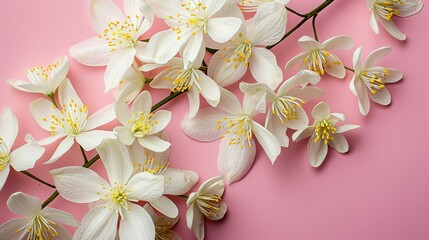 Template white flowers with yellow stamens placed on a pink background.