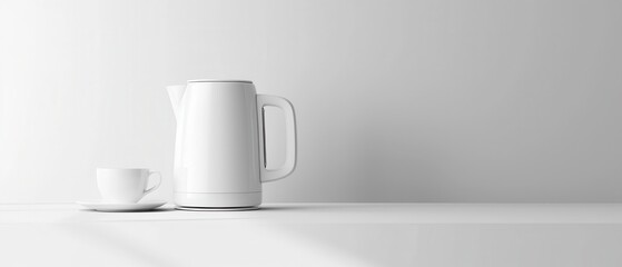 A white tea kettle sits on a table next to a white cup