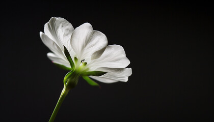 Close-up of a delicate white flower with lush petals on a dark background, highlighting its vibrant green stem.