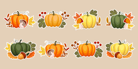 Set of autumn stickers, pumpkins with mushrooms acorns with autumn leaves and rowan. Illustration, icons, template, vector