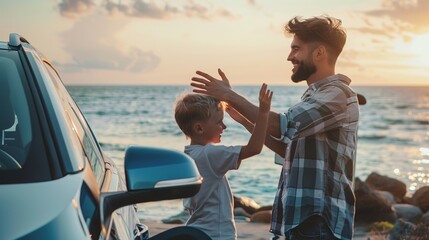 Family road trip vacation traveling by the sea with electric car, father and son high five after reach destination at EV charging station by the seashore. Eco-friendly car for environment. Perpetual
