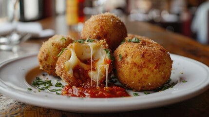 A plate of arancini, with golden-brown rice balls stuffed with cheese and served with marinara...