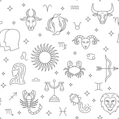 Obraz premium Horoscope Sky Line Seamless Pattern. Illustration of Outline Zodiac Background. 