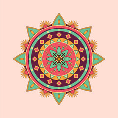 A colorful flower with green and red petals is the center of a large circle