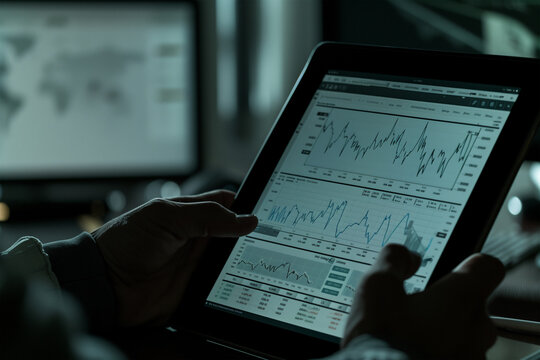 Cropped unrecognizable person analyzing financial data on tablet. Generative AI image - Powered by Adobe