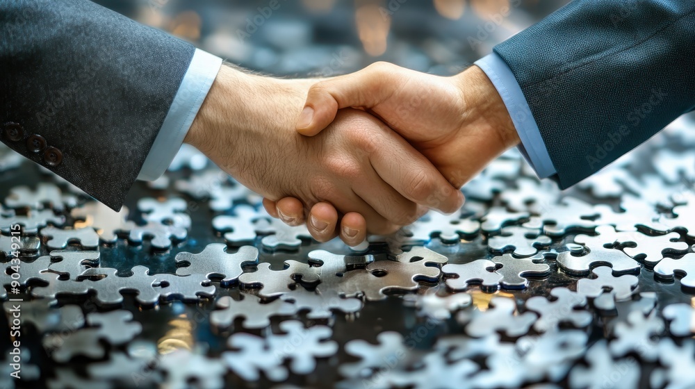 Poster two men in suits shake hands over a jigsaw puzzle, emphasizing teamwork and problem-solving