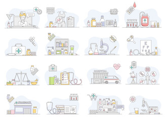 Hospital and Healthcare Line Icon and Medical Object Vector Set