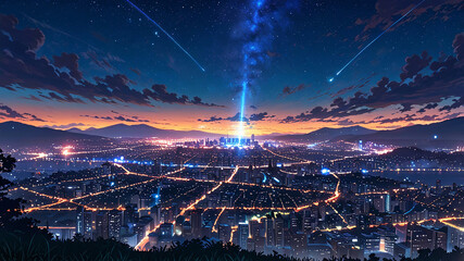 Anime style, big city, landscape, morning