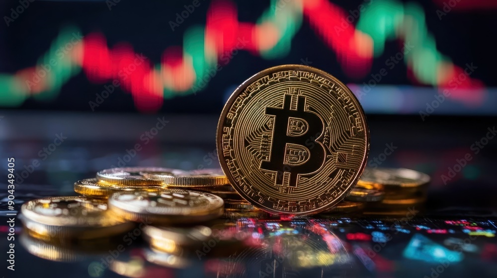 Poster stack of bitcoin coins with a prominent bitcoin symbol, set against a blurred background of a crypto