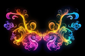 Symmetrical abstract neon light swirls on a dark background