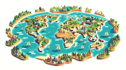 World map, isometric style, flat design illustration, 3D, isolated on white background