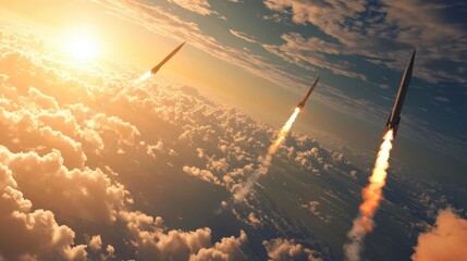 Naklejka premium Three rockets launching through a cloudy sky with the sun in the background