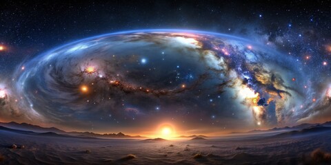 Fototapeta premium The Distant Sun Over a Desert Planet, Digital Art, Fantasy, Alien Landscape, Stars, Planet, Sunset