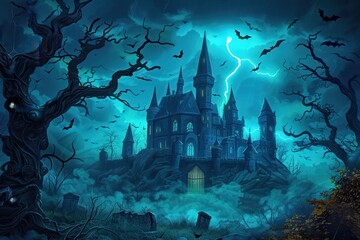 Obraz premium A dark, ominous castle with bats flying around, set against a stormy night sky with lightning