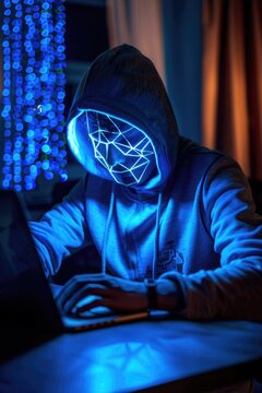 Hacker In A Neon Mask Typing On A Laptop In The Dark