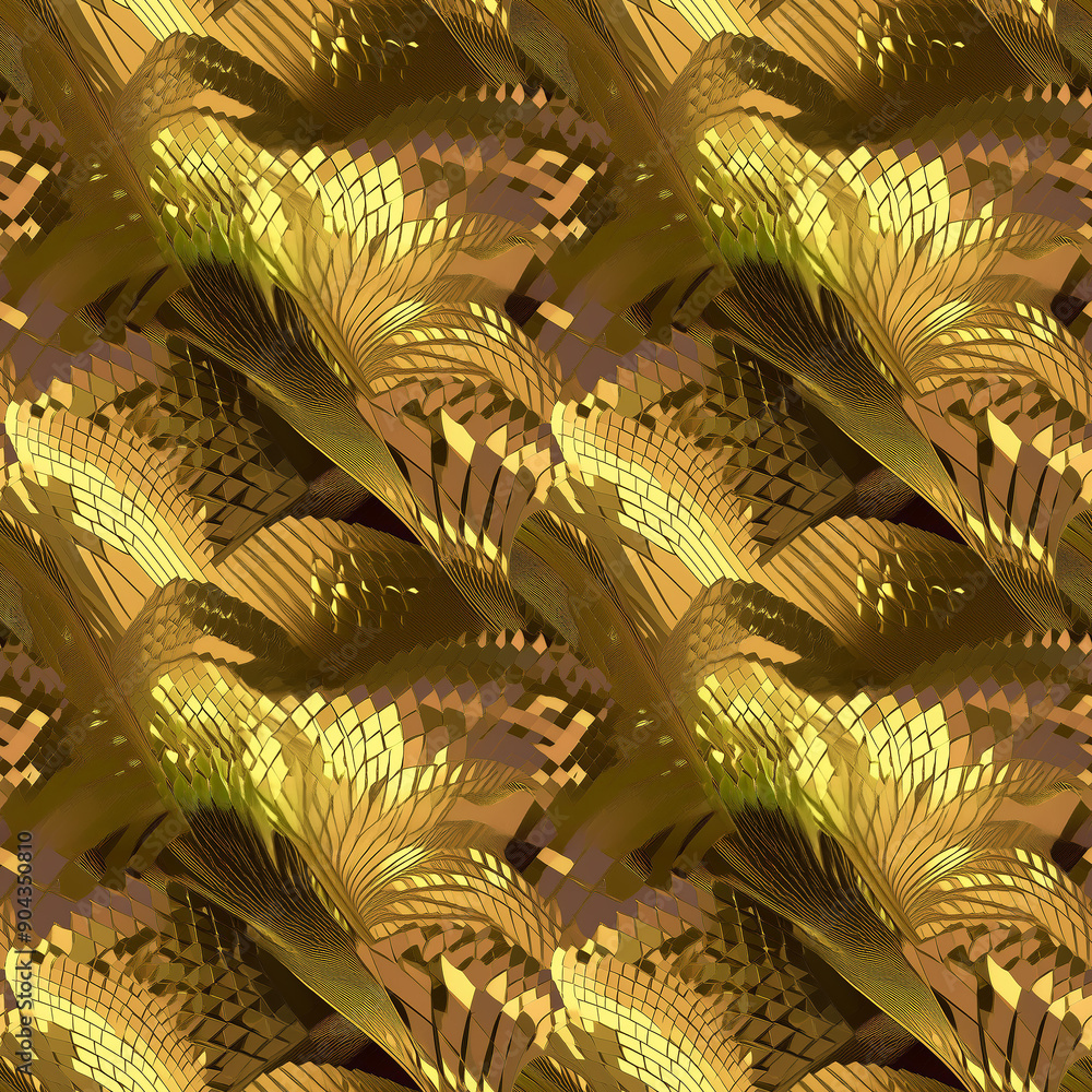 Poster intricate golden pattern of abstract feathers in a repeating design