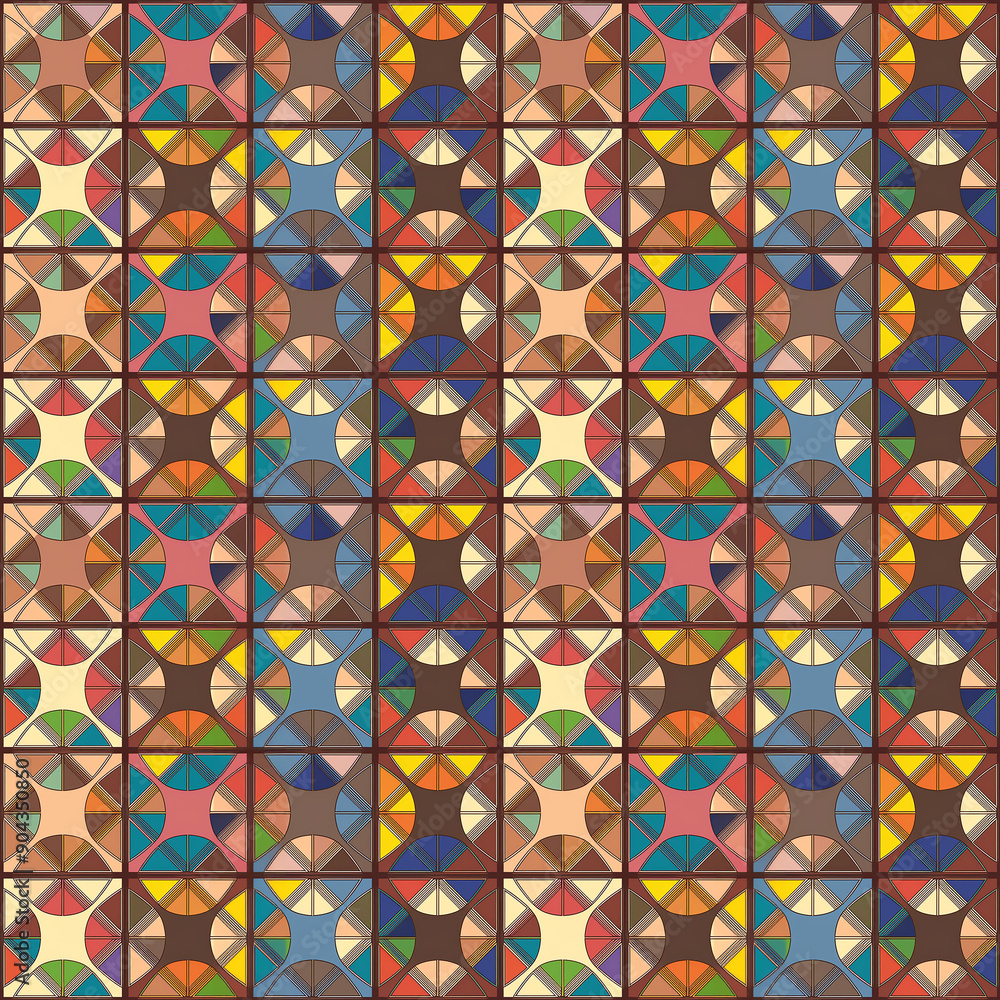 Poster colorful geometric pattern featuring intersecting stars and shapes in a repeating design