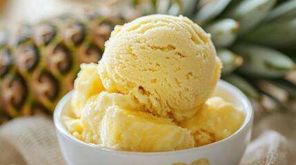 A piece of pineapple next to a scoop of pineapple-flavored ice cream, emphasizing the contrast between the fuzzy skin and the smooth ice cream