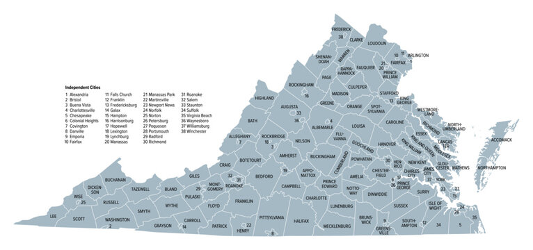 Virginia, U.S. state subdivided into 95 counties and 38 independent cities, gray political map. Commonwealth of Virginia, a state in the Southeastern and Mid-Atlantic regions of the United States.