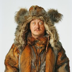 Medium shot of man in a hat with earflaps and a fur coat, frame by torso, isolated on a white background,  