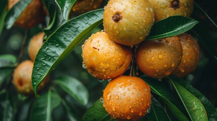 Unidentified fruits clinging to lush green tree after rain in a tropical landscape