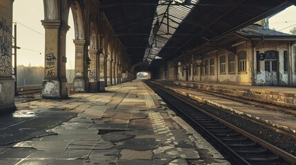 Obraz premium An old, empty train station with vintage architecture, cracked tiles, and abandoned tracks