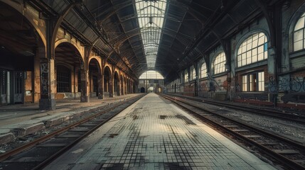 An old, empty train station with vintage architecture, cracked tiles, and abandoned tracks