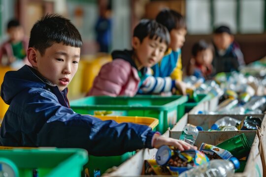 Asian Schoolchildren Sorting Recyclables During Environmental Awareness Program - Powered by Adobe