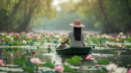 Naklejka premium Lady rowing gracefully in a lotus-filled pond