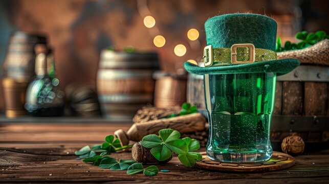 Celebrating st patrick's day with green beer and leprechaun hat in a cozy pub setting