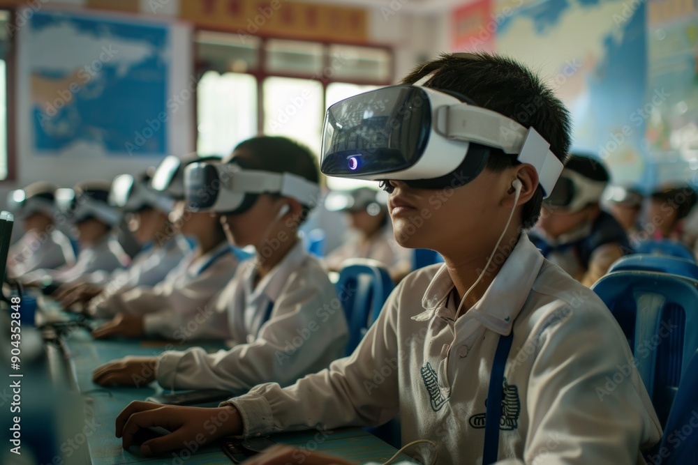 Poster virtual reality transforms geography lesson in modern classroom setting