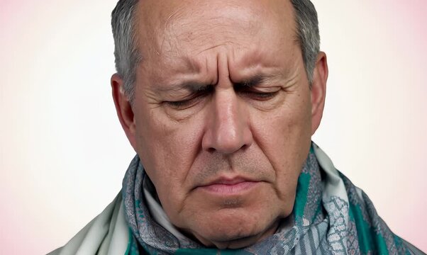 Medium shot portrait video of a man in his 50s with furrowed brows and a tense expression due to hypertension wearing a foulard against a pastel or soft colors background 