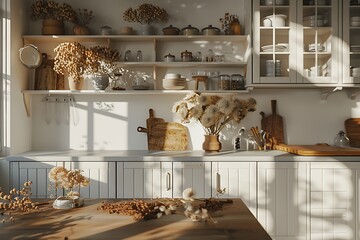 Foreground kitchen table, dried flowers, white cabinets, shelves, wooden elements, cozy daylight scene, shadows, presentation.