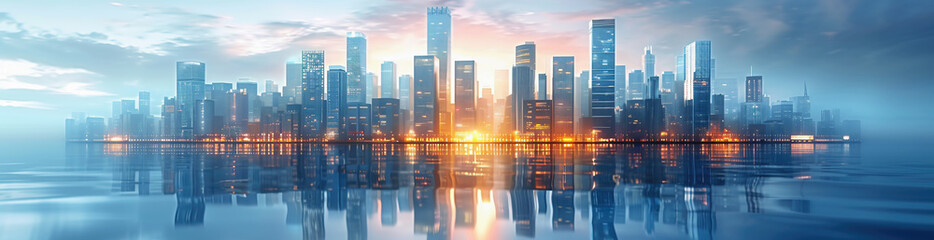 Fototapeta premium Office buildings with skyscrapers on a bright background.