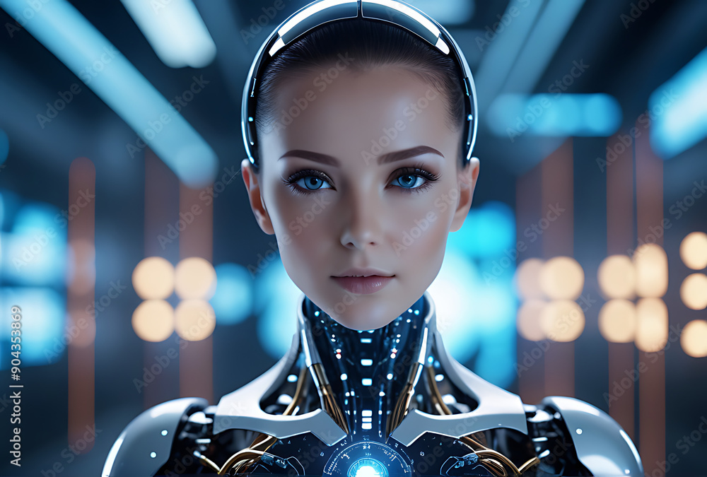 Poster ai futuristic humanoid represents digital artificial intelligence technological innovation focus dat