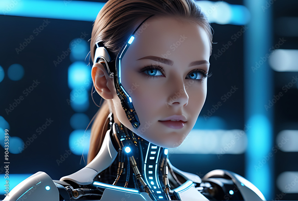 Poster ai futuristic humanoid represents digital artificial intelligence technological innovation focus dat